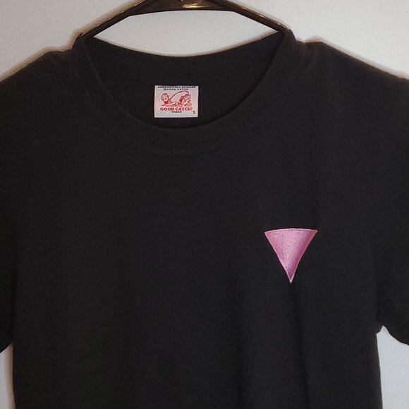 Good Catch! Gay Rights Embroidered Pink Triangle on Black T-shirt, size S - Picture 2 of 3